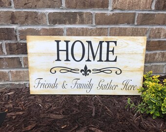 Home, Friends & Family Gather Here Hand-Painted Rustic Pallet Wood Sign (Large and Medium Options Available!)
