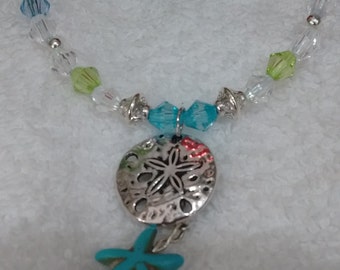 Anklet Sand Dollar and Starfish, Charm Clear, Parriot Green, Blue and Teal