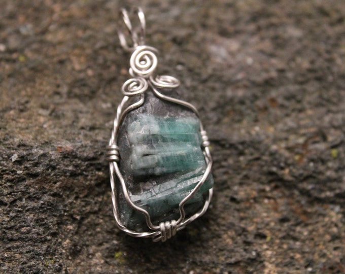 Triple Emerald Green Pendant Necklace, Rough Mineral Specimen with Sterling Silver Wire Wrap, Raw Gemstone in Matrix, May Birthstone