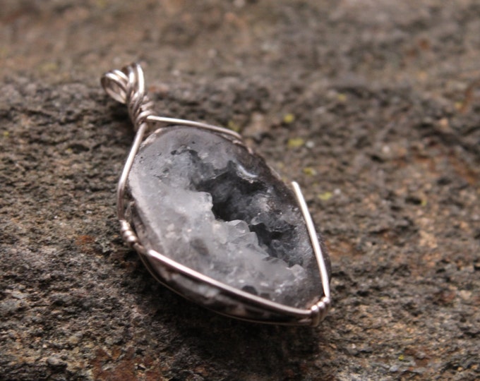 Sliced Geode Crystal Druzy Cabochon Pendant with Sterling Silver Wire Wrap, Mineral Specimen, Natural Earthy Rock Jewelry, Stone Necklace