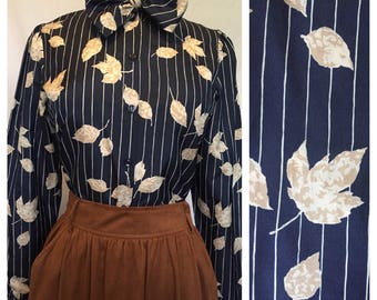 Navy Bow Leaf Blouse with Pinstripes and Leaves. Size medium