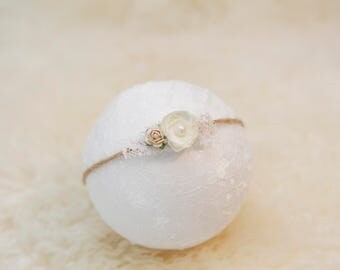 Newborn photography Headband Tieback Newborn Child headband Tieback Newborn photography tieback prop Cream Photo prop Flower photo prop