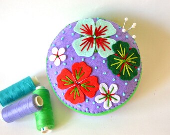 felt pincushion hand embroidered wool felt embroidery sewing needle bar flowers