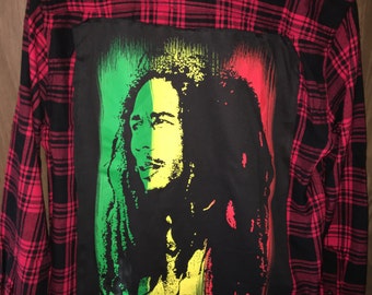 Distressed Up-Cycled Bob Marley Flannel