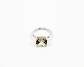 Holiday Sale! 18k white gold Green Amethyst cushion cut Ring