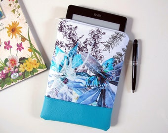 Kindle cover in fabric with floral design with butterfly and turquoise faux leather case Kindle, Kindle case, single piece