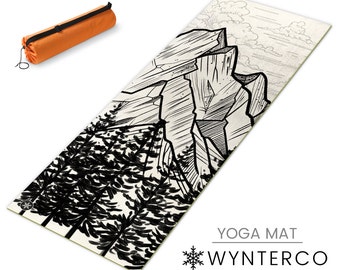 YOGA MAT - White mountain sketchy Yoga Mat, Trees and Mountains Yoga mat, Colorado tattoo style yoga mat black Black yoga mat, YOGA mat