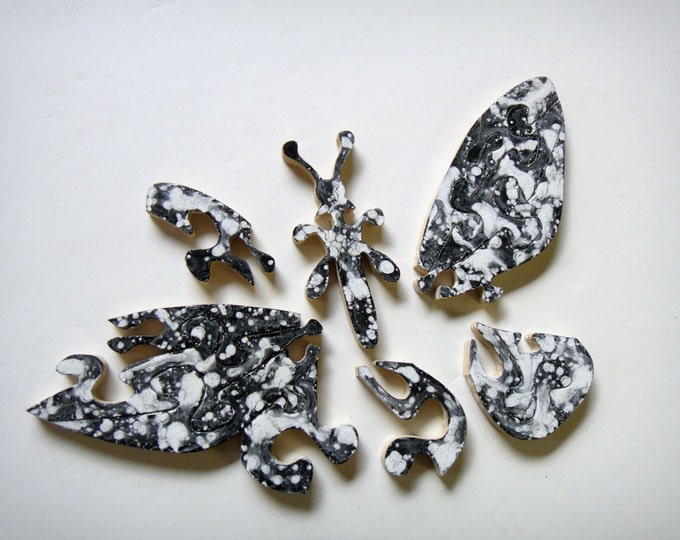 Puzzle Butterfly - black & white, stylish wooden hand-cut, acrylic on wood pieces, ready to hang, Puzzle-Art by Samo Svete