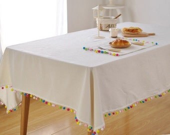 White linen tablecloth with rainbow tassel, Colour Tassel tablecloth, Christmas table decoration, table cover