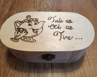 Beauty and the Beast Wooden Trinket / Jewellery Box. Wood Burnt / Pyrography, can be personalised, Mrs Potts and Chip