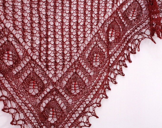 Maroon knitted shawl with beads, knitted shawl, delicate scarf, shawl hand knit, air shawl, triangular shawl, crochet shawl, knit shawl