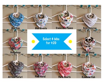 PICK ANY 4 Baby Bandana Bibs | Set of 4 baby drool bibs (select your own fabric)