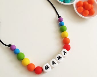 Personalised silicone teething necklace, jewellery, new baby, baby shower gift, sensory toy, breastfeeding, baby wearing