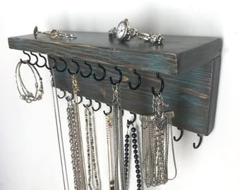 Jewelry Organizer Holder, Necklace Organizer, Wall Mounted Distressed Rustic Wood, Holds Necklaces Bracelets
