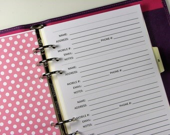 A5 Contacts Printed Planner Inserts, Address Book Planner Pages, Contact Details Planner Refills, UK, #HSU03