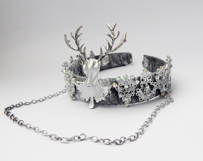 Fantasy crown, designer headdress, cosplay festival headpiece, deer silver headband, designer magic woman headdress, queen costume crown