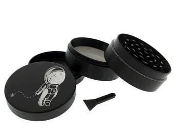 Herb Grinder Holy Herb Space Astranout Premium Engraved 4 Layel Metal - Square - Old School Custom Herb Tobacco Grinder Pollen Collector