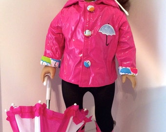 Raincoat Umbrella and Boots for 18 Inch Doll ClothesColorful Hot Pink w/ Umbrellas inside for the Lining Also Fit American Girl Doll Clothes