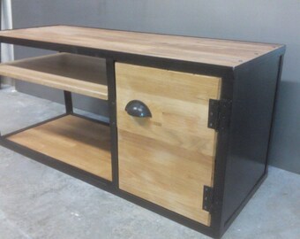 Industrial TV stand wood oak matte black steel