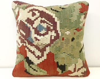 Turkish Kilim Pillow Cover, 16X16 Turkish Rug Pillow, Boho Kilim Pillows, Outdoor Pillow, Turkish Vintage Wool Kilim Cushion Case Covers