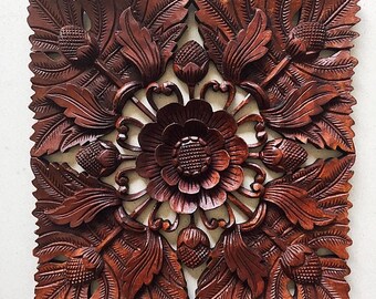 Balinese Wood Carving - Square Blooming Lotus Suar Wood Panel