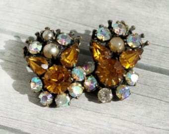 Clip-on earrings vintage jewelry Czech glass soviet vintage rhinestone old earrings 1960s stud earrings gift mom stylish clip-on earrings