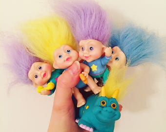 Set of 5 Vintage Troll Dolls and Dinosaur - 1991 - Russ and Applause - Includes Rare Dino Troll