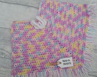 Crochet poncho hand made baby girl new born pastel colours butterfly embellishment fringed girls clothing