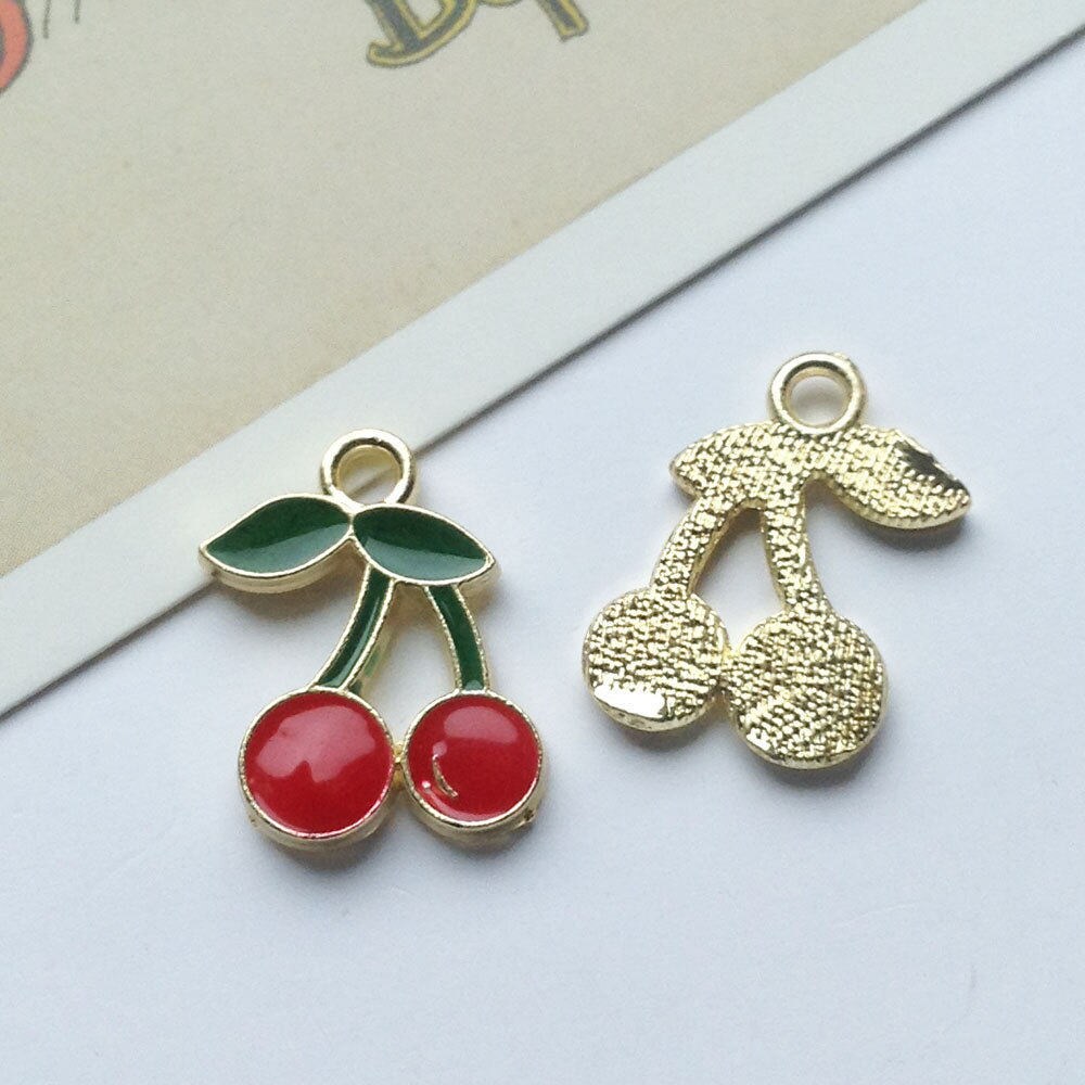 4 Red Enamel Cherry Charms 18x14mm gold tone / enamelled cherries