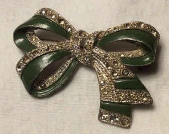 Vintage green and silver rhinestone bow brooch
