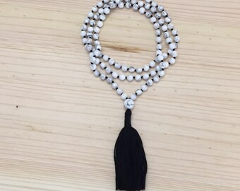 Knotted mala necklace- Howlite mala- Tassel necklace