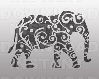 Fancy Flourish Elephant SVG File,African Elephant Floral Swirl SVG File -Commercial & Personal Use- Vector svg for Cricut,Silhouette svg,htv