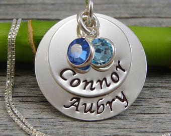 Hand Stamped Jewelry - Personalized Jewelry - Mothers Necklace - Sterling Silver Necklace - Two Names Two Birthstones