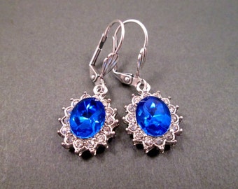 Rhinestone Earrings, Sapphire Blue Rhinestone and Silver Dangle Earrings, FREE Shipping U.S.