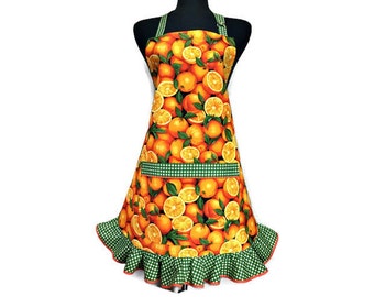 Oranges Retro Kitchen apron for women, Citrus Fruit Kitchen decor, Retro Style green polka dot Ruffle, Adjustable with Pocket