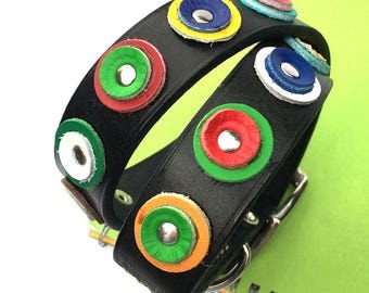 Black Leather Dog Collar with Colorful Leather Circles, Size L to fit a 18-21in Neck, Large Dog, Eco-Friendly, Seattle Handmade, OOAK