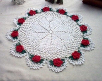 Romantic Red Rose Crochet Lace Thread Art Doily New Handmade