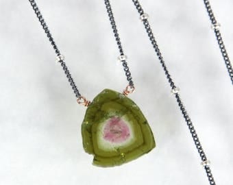 Watermelon Tourmaline Necklace, Tourmaline Slice Necklace - Oxidized Sterling