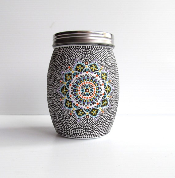 Glass jar and lid: Hand painted glass jar