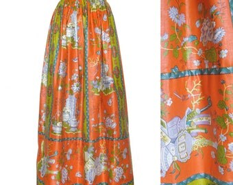 Vintage Maxi Skirt / Ankle Length Skirt / Polished Cotton Asian Motif Skirt / Carol and Mary Honolulu / Cotton / 26 Waist