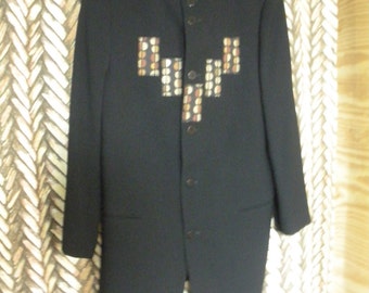 FREE SHIP Decorated Donna Karan Italy black womens wool blazer size M or Medium with brown, rust and cream accents