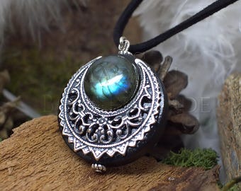 Amulet Protection Necklace Pendant "Lleuad" Labradorite Moon Wicca - Wood Silver-Filled Brass Gemstone - Pagan Triple Goddess