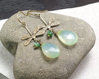 Green Chalcedony Antique brass dragonfly earrings, Gemstone earrings, Peruvian Opal rondelle, Spring earrings, Gift for her