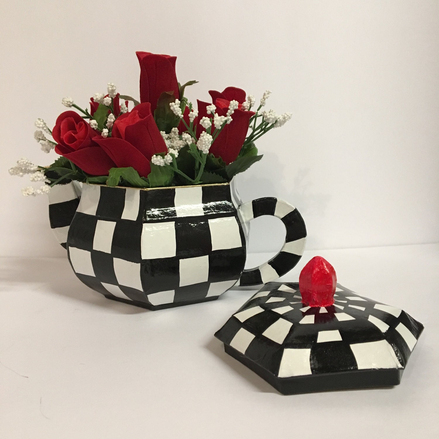 Whimsical Painted Teapot // Checkerboard Ornaments // Black