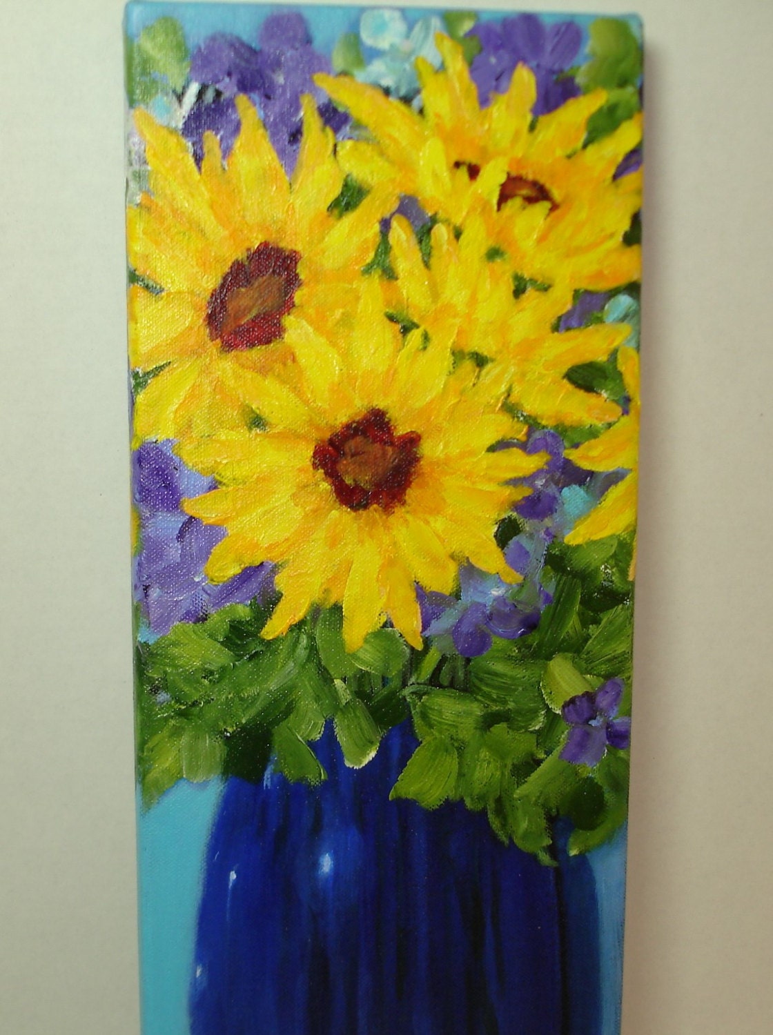 Sunflowers in Blue Vase 6x18 inches Yellow blue and purple