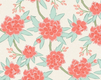 Chinoiserie Fabric - Paeonia In Mint And Coral By Willowlanetextiles - Mint Cotton & Upholstery Fabric By The Yard With Spoonflower