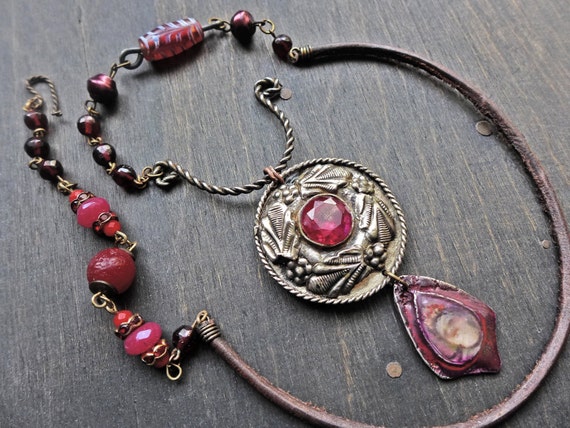 Handmade assemblage necklace in hot pink, berry red- “Ardor”