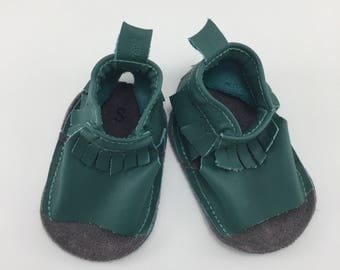 Studio Sale - Dark Green Leather baby moccasin Sandals on sale, size S fits 9-12 months