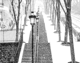 Paris Photography, Snowy morning in Montmartre, winter photography, Paris in the snow, black and white art, Winter in Paris, Francophile