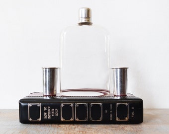 RESERVED vintage travel bar, hollow book safe with flask and shot glasses, book flask